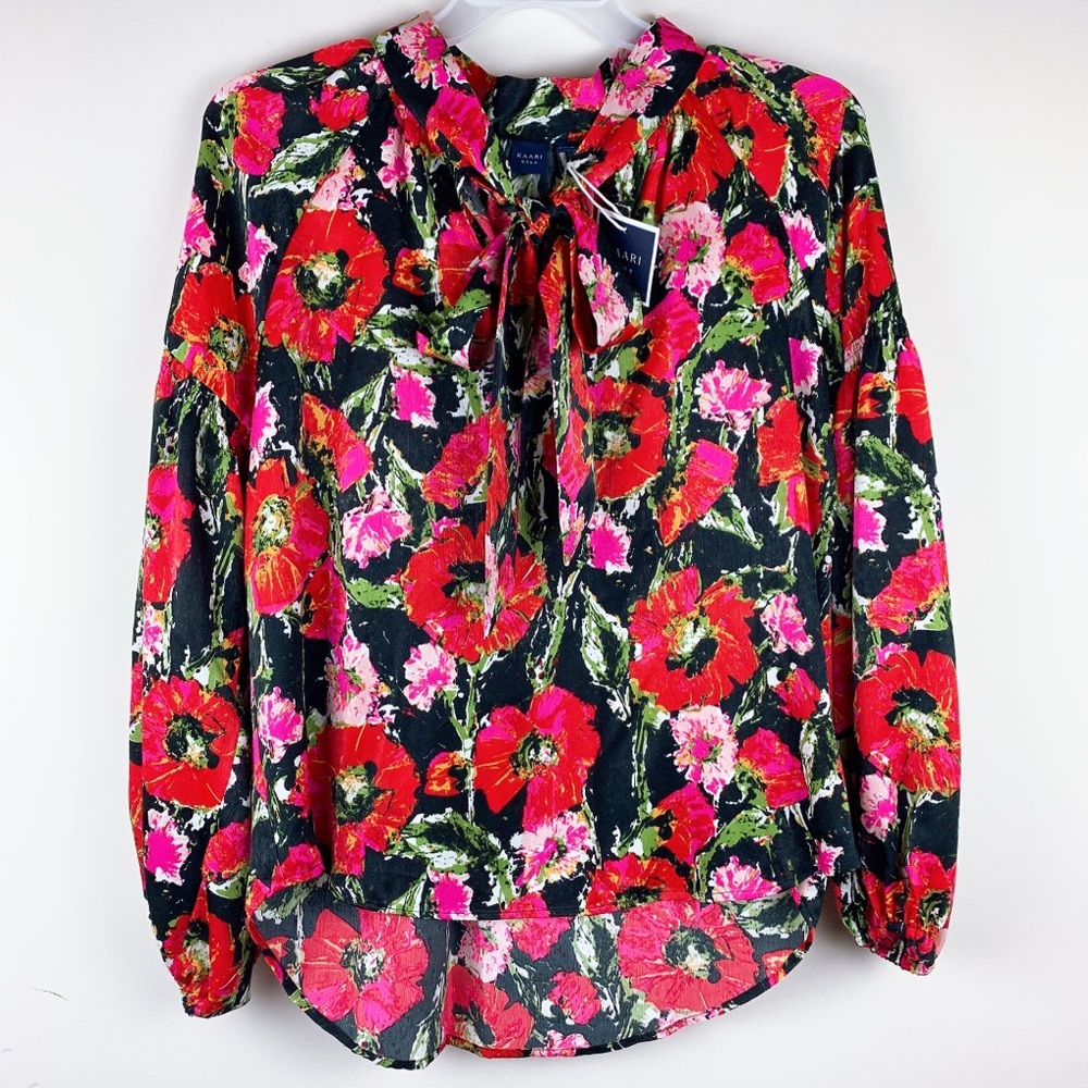 New with tags Women's Kaari Blue Floral Bow Satin Long Sleeve Work Blouse